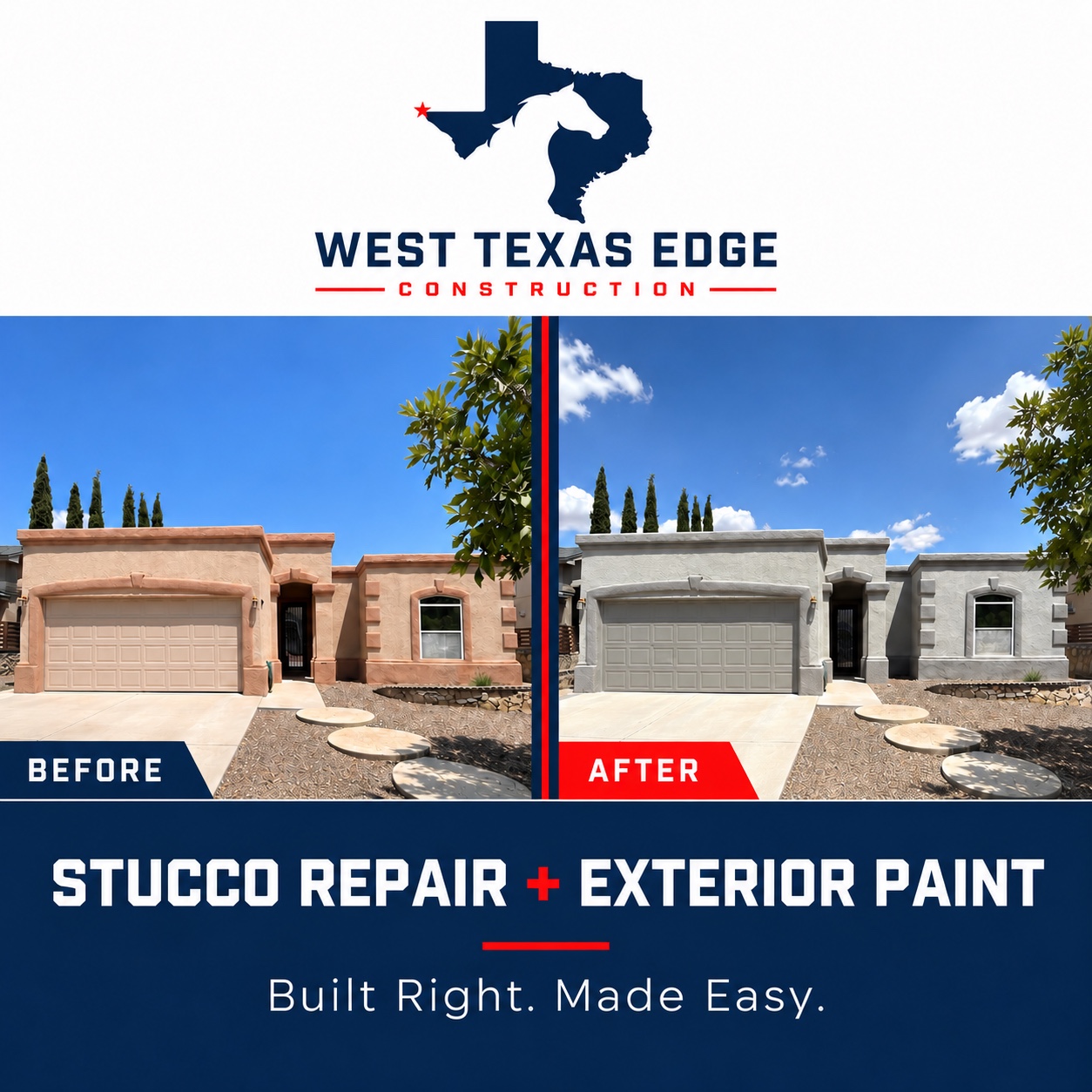 Before and after view of a West Texas Edge stucco repair and exterior painting project in El Paso